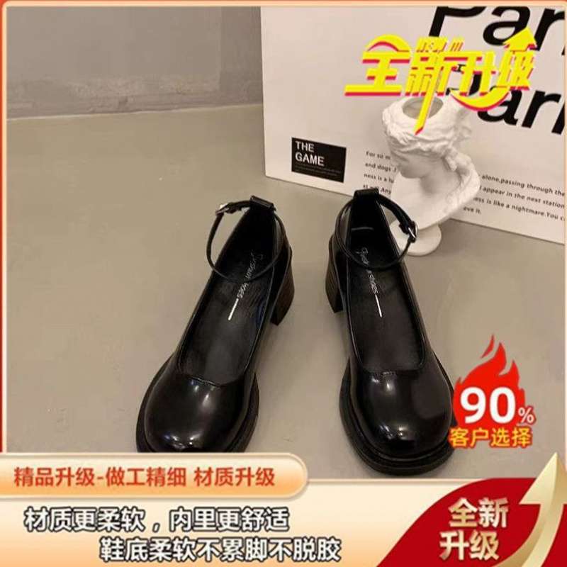 Fashion light luxury small leather shoes women's 2025 spring new retro versatile black light mouth thick heel non-slip Mary Jane shoes