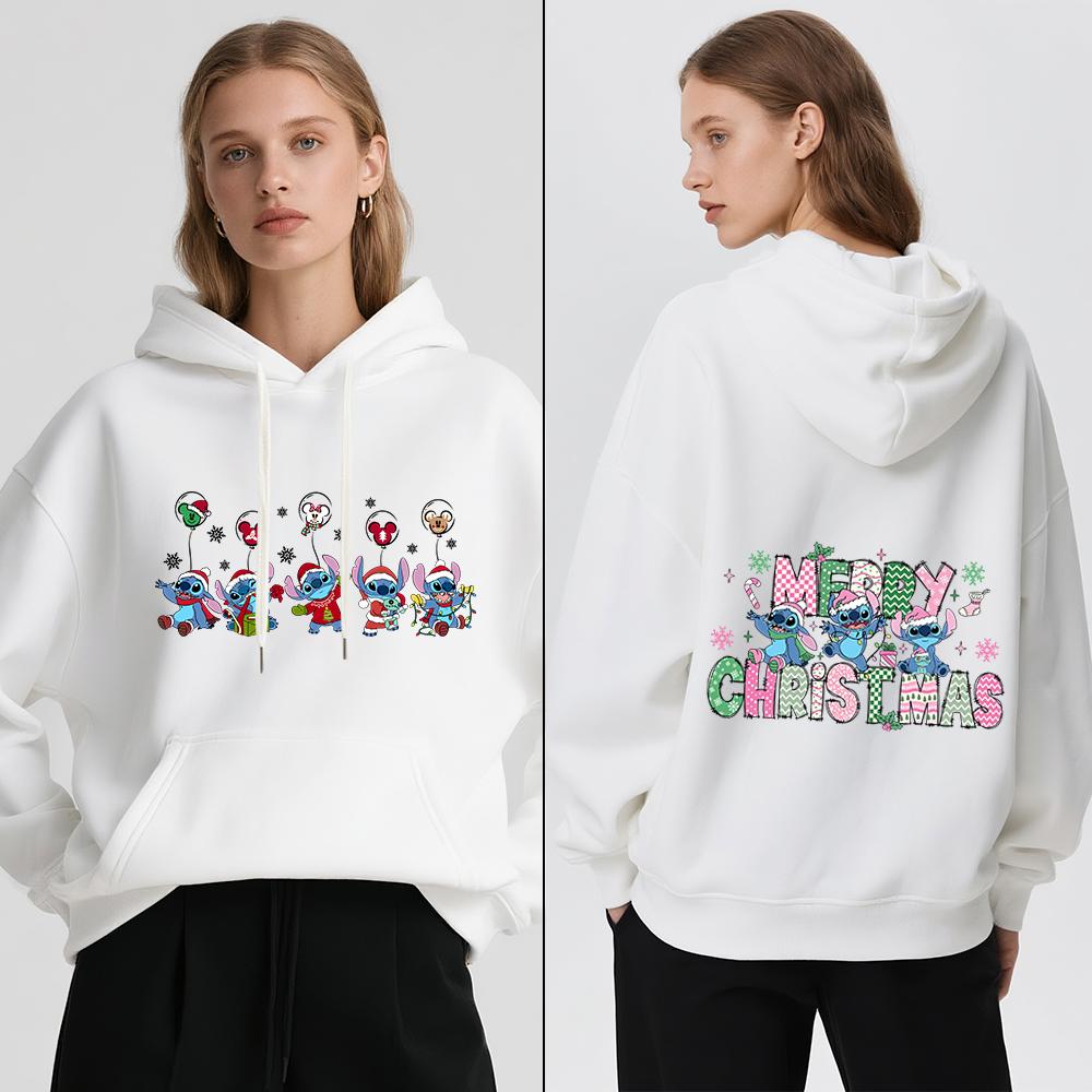 Disney Stitch Christmas Print Women Fleece Hoodie Winter Warm Pullover Casual Holiday Travel Party Outfit Soft Cozy Sweatshirt