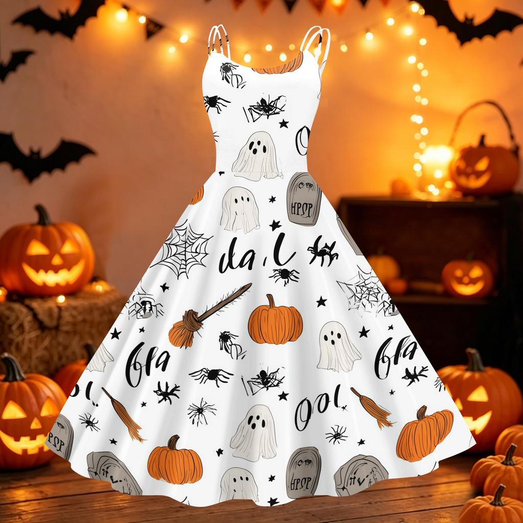 Womens Halloween Spider Web Pumpkin Print Off Shoulder Punk Vintage Dress Double Strap Sleeveless Flared Skirt Party Dress