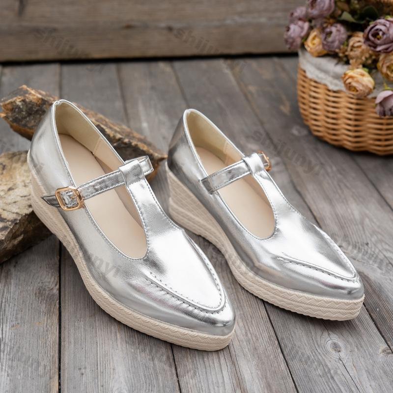 Fashion Women Gold High Heels Shallow Wedges Single Shoes Spring New Comfort Non-slip Ladies Fashion Comfortable Leather Single Shoes