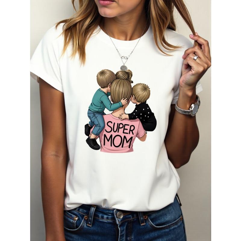 European size Women's Super Mom Print T-Shirt - Short Sleeve Round Neck Casual Top with "Super Mom" & "Mom" Text, Comfortableel