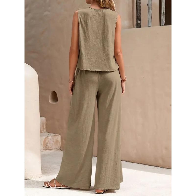 Damen ärmelloses Tanktop Weite Hosen Set Unifarbene Lässige Zweiteilige Outfits