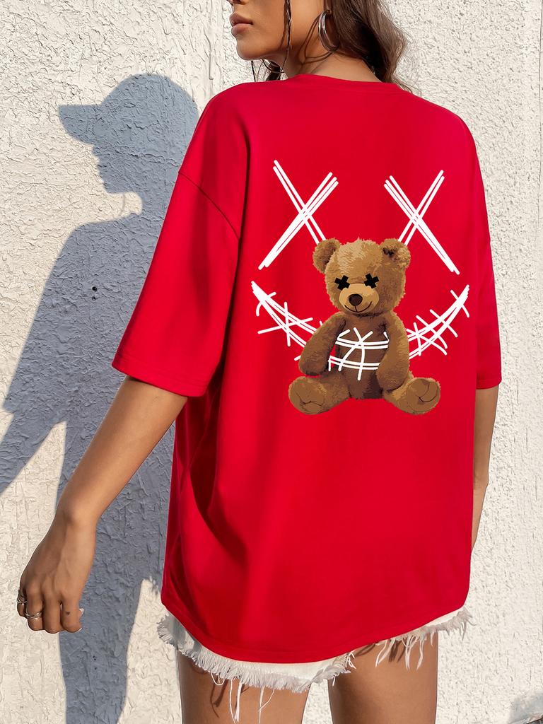 Ein Stoffbär mit einem Verbanddruck T-Shirts Damen Lässig Weiche Oberteile Mode Cooles T-Shirt Kleidung Straße Sommer Kurze Ärmel