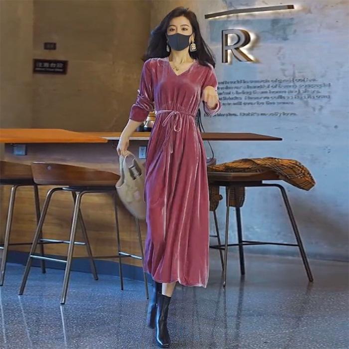 2026 autumn loose new golden velvet dress long slim temperament long sleeve large size autumn dress women's long dress children