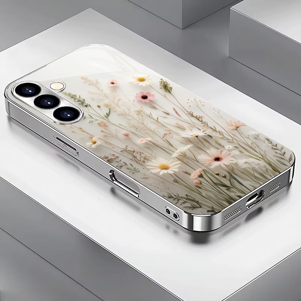 Transparente Glas-Handyhülle mit Blumenmuster, geeignet für Samsung Galaxy S26 S25 S24 S23 S22 S20 FE/Ultra/Plus, stoßfeste Rückseite