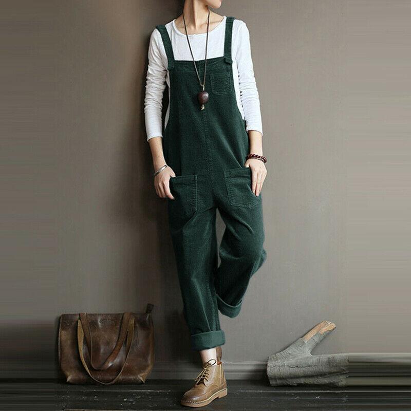 Womens Corduroy Overalls Casual Loose Dungarees Baggy Playsuits Jumpsuits Plus Size