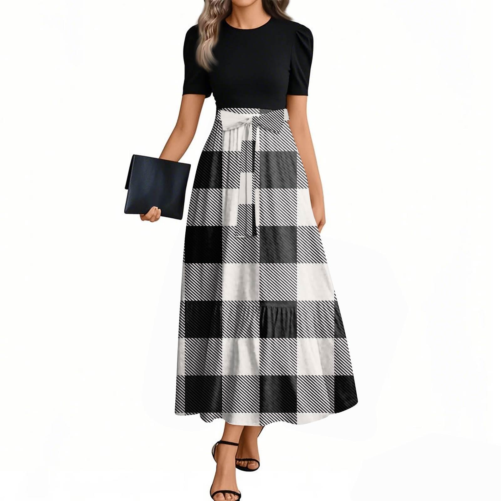 

Женские модные повседневные платья с поясом, коротким рукавом, круглым вырезом, геометрическим узором, элегантные платья с темпераментом S