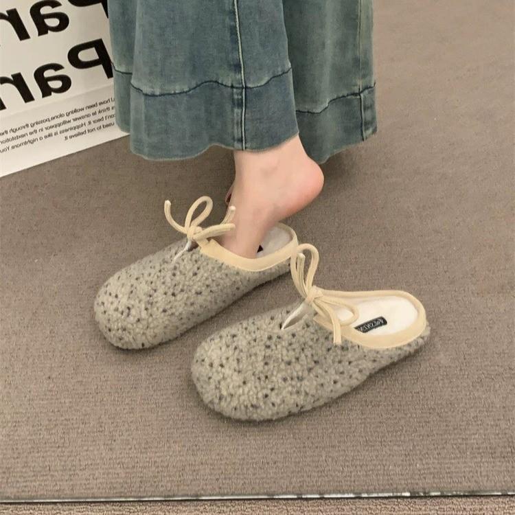 Korean Version of Ancient Covered Round Head Lace-up Bow Doudou Cotton Shoes, Inner Height Increase, Plush Warm Fluffy Shoes for Women's Autumn a