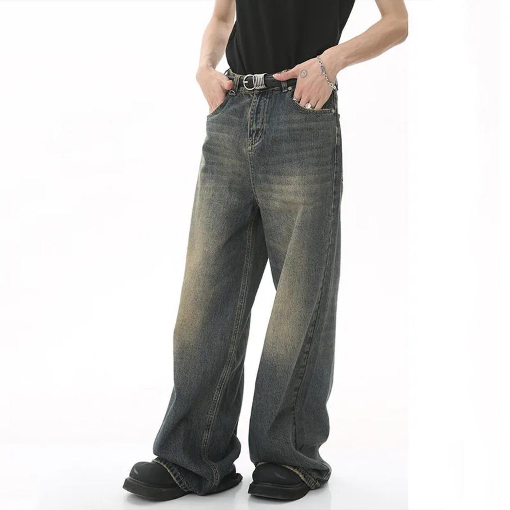 Men's Denim Pants Old Blue Washed Male Jeans Straight Casual Menwear Loose Wide Leg Trousers New Fashion