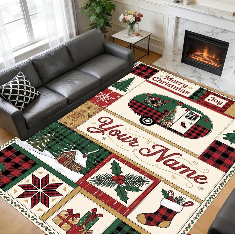 Christmas Custom Name Printed Square Area Rug Soft Non Slip Floor Carpet For Bedroom Holiday Gift