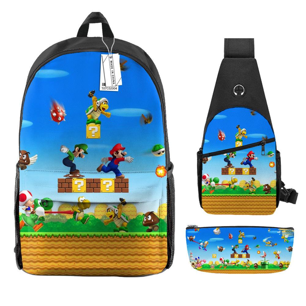 Animation Backpack, Super Mary Primary School Student Print Children'S Backpack Satchel Pencil Case Three-Piece Set