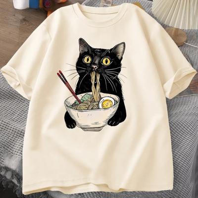 Koszulka z makaronem Ramen Cat T-Shirt Miłośnik jedzenia Koszulki Czarne koszulki z makaronem dla kotów Retro Casual Krótki rękaw T-shirt dla mężczyzn Kobiety Ubrania