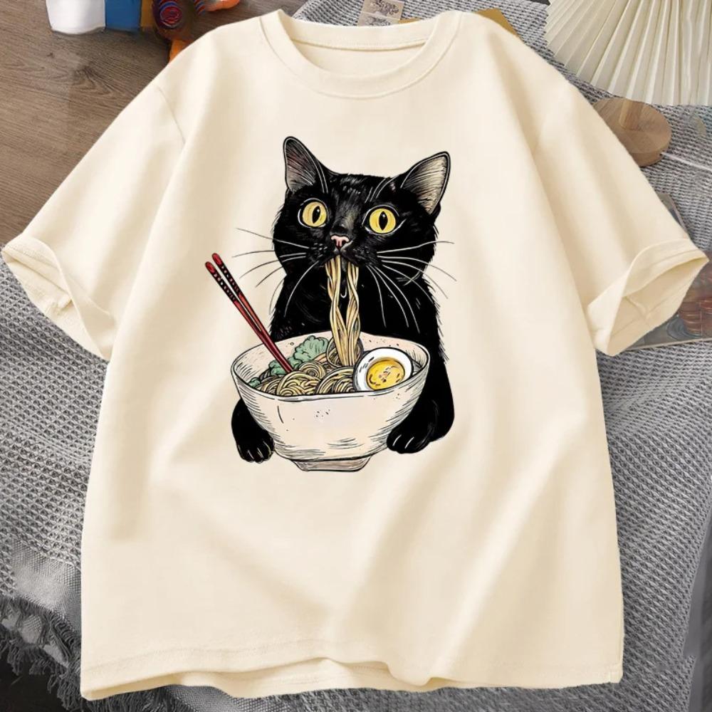 

Футболка с изображением лапши Ramen Cat, футболки Foodie Lover, черные футболки с изображением лапши Cat, повседневная футболка с коротким рукавом в стиле ретро для мужчин и женщин, одежда M