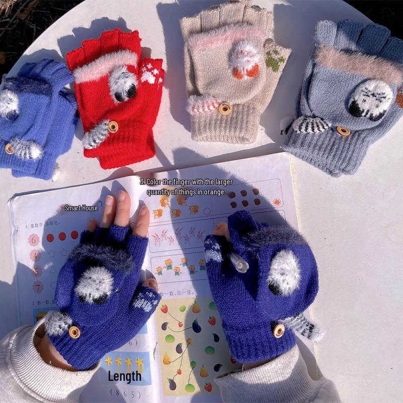 Winter Kids' Convertible Warm Gloves: Thick, Half-Finger Flip-Top for Boys & Girls, Perfect for Writing