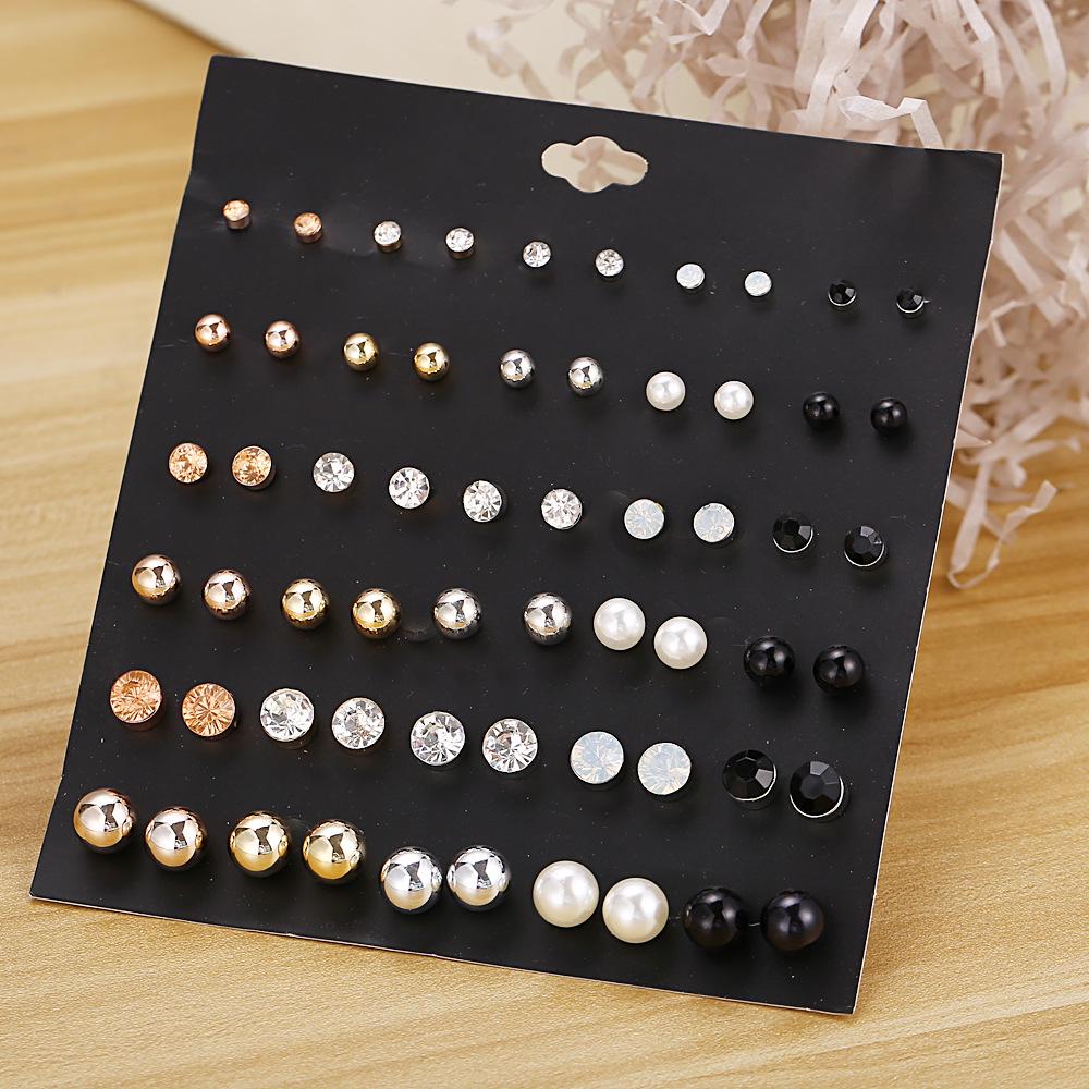 30Pairs Simple Fashion Pearl Bead Diamante Crystal Earrings Ear Stud Set