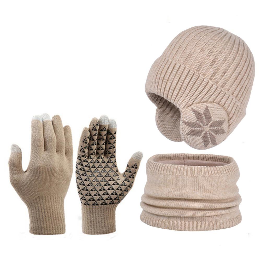 

3Pcs/Set Solid Color Winter Pullover Hat Coldproof Touchscreen Gloves Kids Knitted Hat Streetwear бежевый