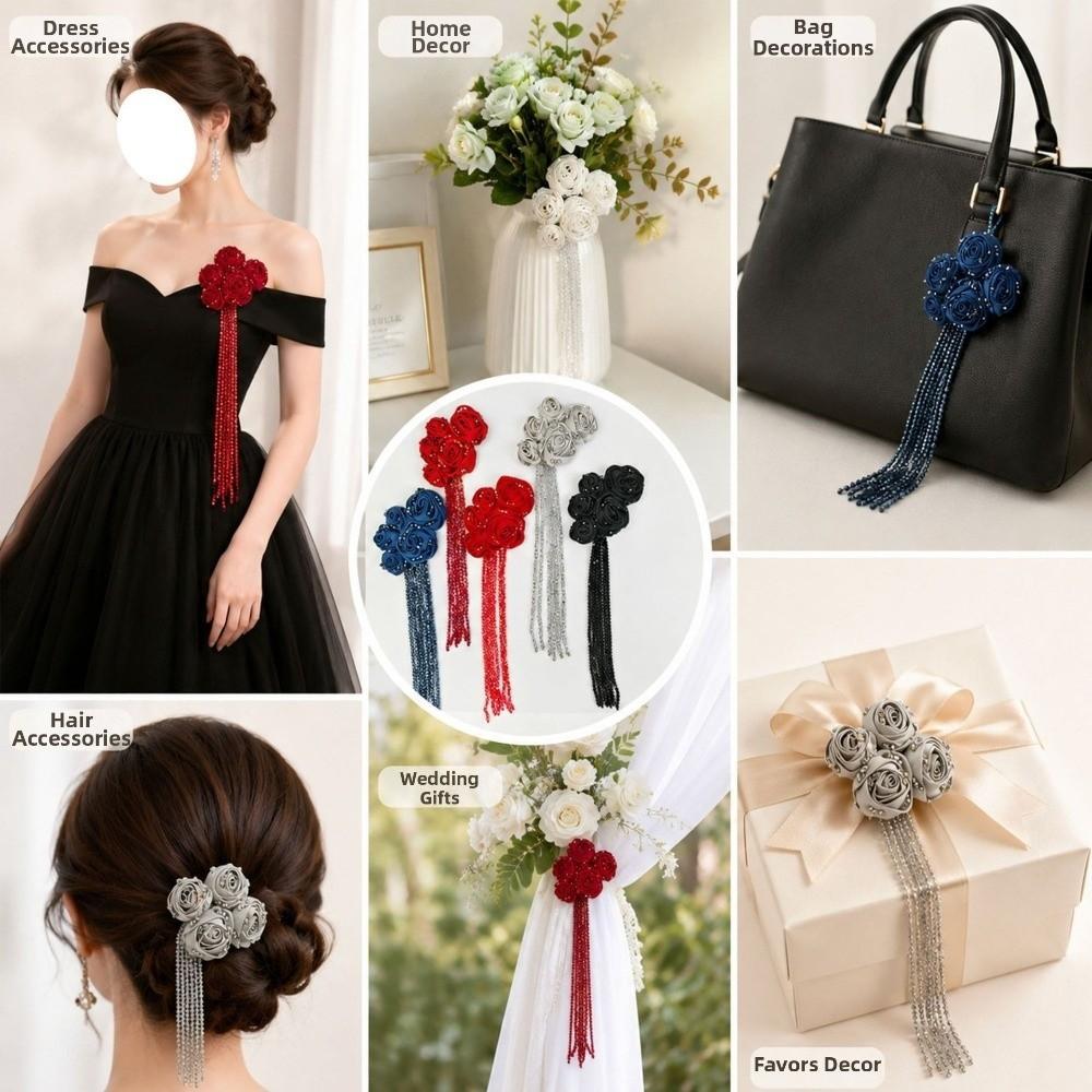 Crystal Beads Fabric Flower Appliques Tassel Details 3D Fabric Flowers  Wedding Decoration