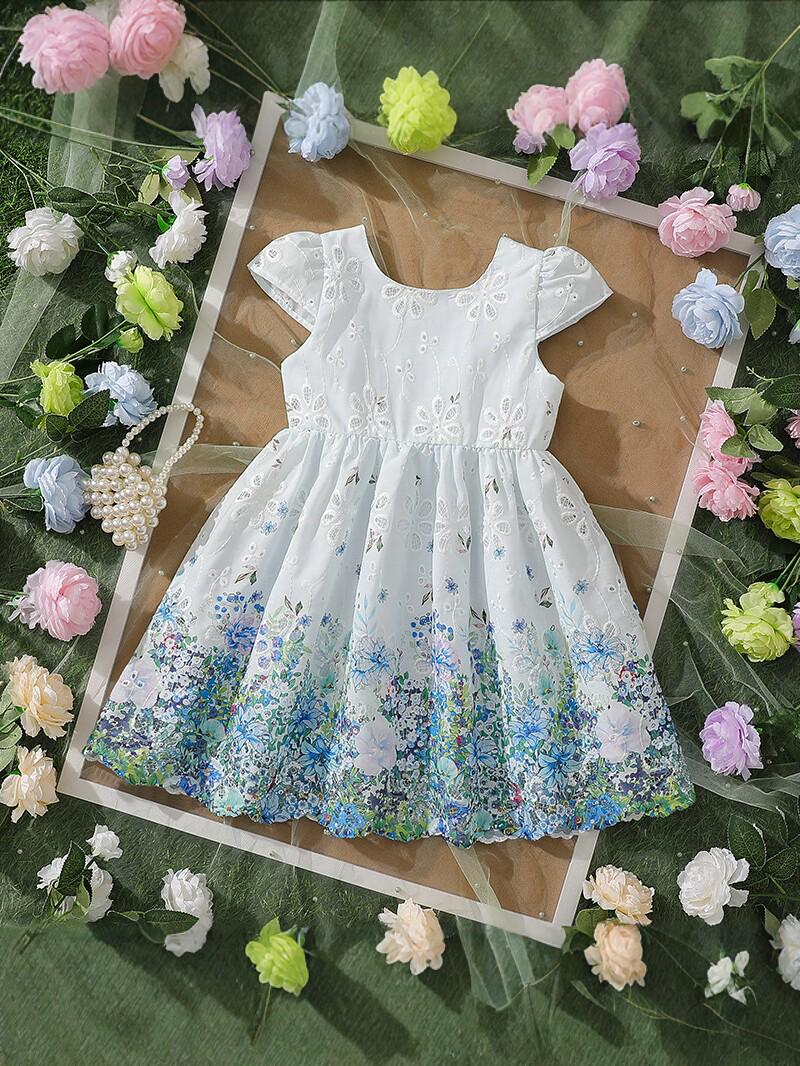 Girls Summer Princess Dress: Short Sleeve, Hollow Embroidery, Korean Pastoral Style 80-90