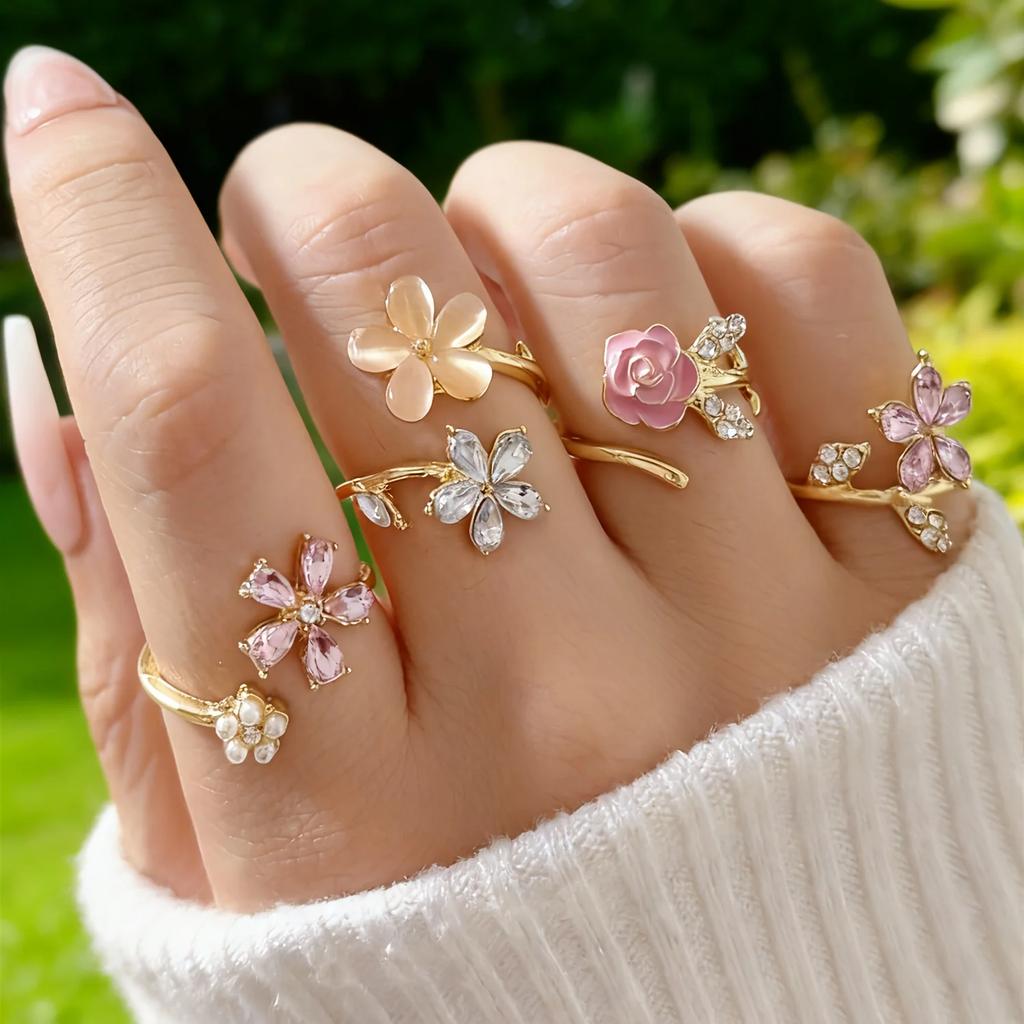 4pcs Plated Rhinestone Cat Eye Ring Set, Elegant Sparkling Pink Oil Ring for Women - Party Vacation Gift, Year Round Wear