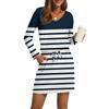 Women's Fashion V-Neck Long Sleeve Drawstring With Pocket Stripe Printed Casual Dresses
