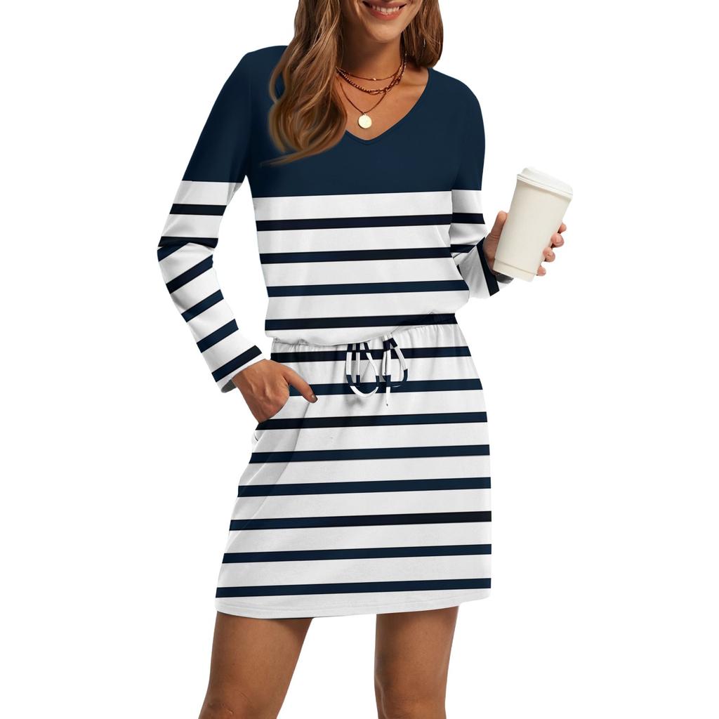 Women's Fashion V-Neck Long Sleeve Drawstring With Pocket Stripe Printed Casual Dresses