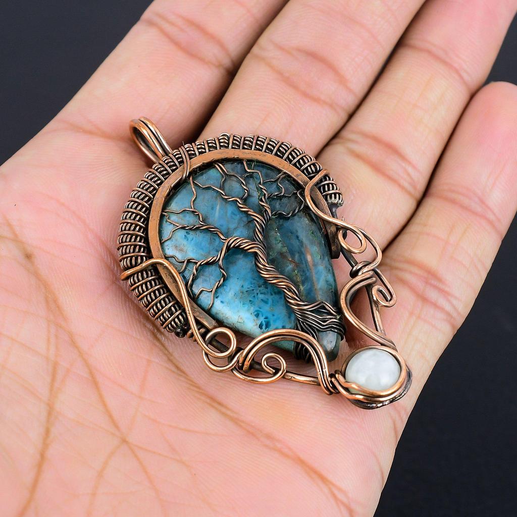 Neon Blue Apatite Gemstone Pendant 999 Copper Wire Wrapped Jewelry, Handmade Antique Pendant Jewelry, Gift For Mother