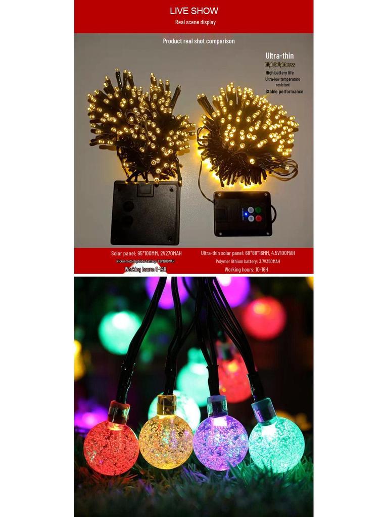 LED Solar Waterproof Crystal Ball String Lights for Outdoor Patio and Camping Decor