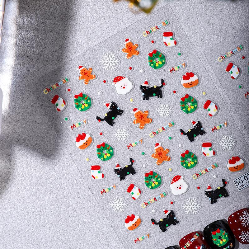 Christmas 3D Nail Art Stickers - Black Cat, Gingerbread Man, Snowflake Ornaments