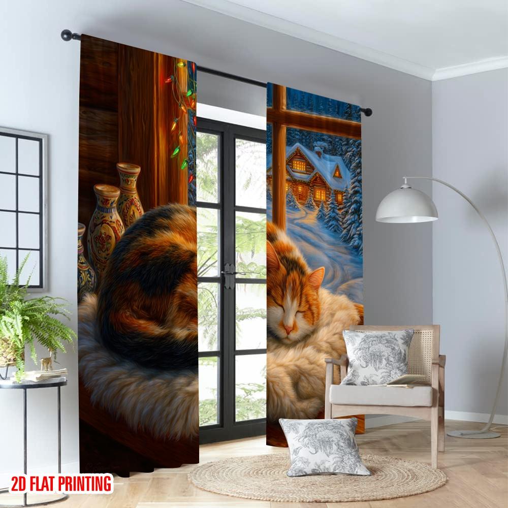 2pcs 2D flat printing Christmas Curtains Cozy Cat Winter Cabin Digital Printed Polyester Drapes Party Decorations for Bedroom