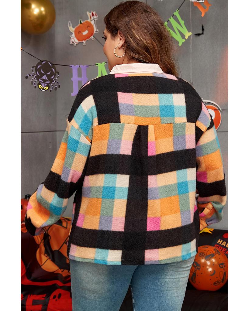 Azura Exchange Black Plus Size Checkered Print Sherpa Henley Sweatshirt