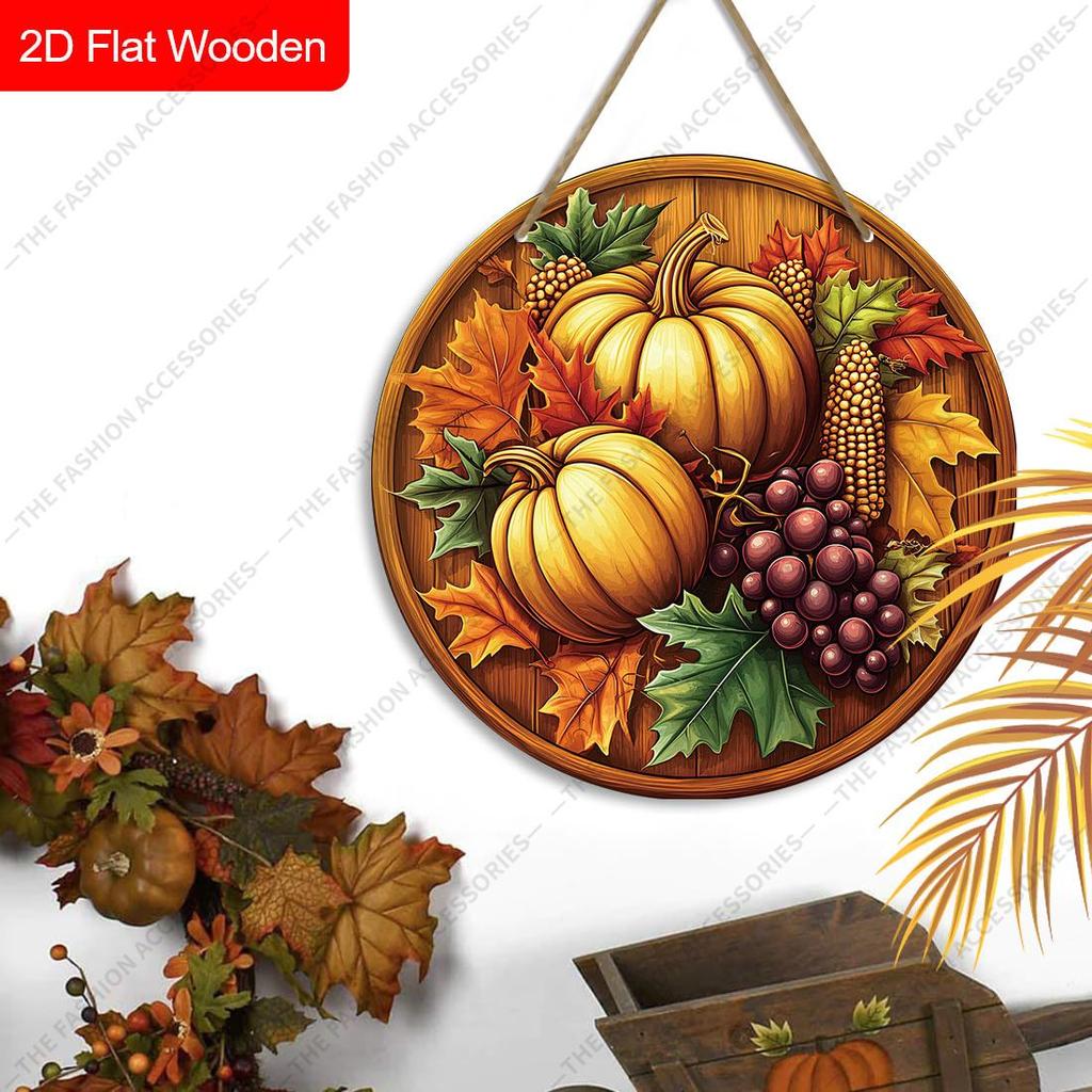 Pumpkin Grape Corn Harvest Round Wooden Hanging Sign, Autumn Door Wall Decor