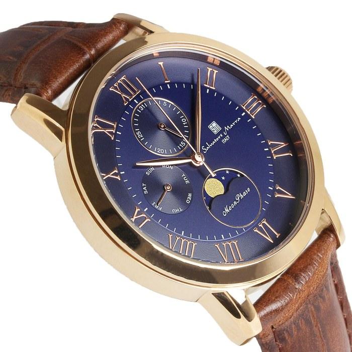 [Salvatore Marra] Watch Moon Phase Multi-Calendar 50m Waterproof Business Formal Men's Leather Strap Limited Edition Pink Gold Blue Brown