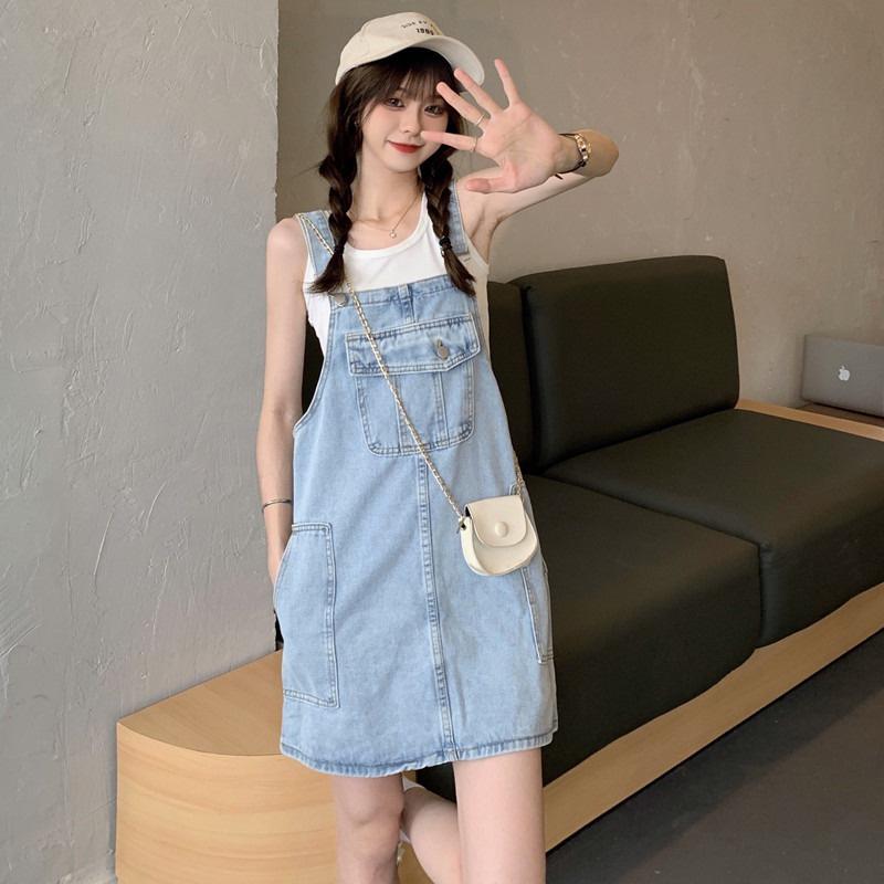 Oversize Women Denim Suspender Strap Dresses Summer Sleeveless Loose Casual Short Dress Female Versatile Sundress
