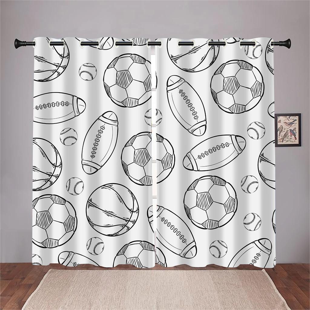 2 panel Football Soccer Rugby Basketball Printed Curtains for Sports Boys Bedroom Blinds Floor-to-ceiling Windows Grommet Top