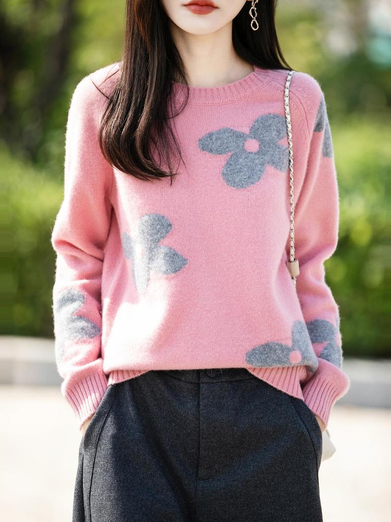 Women's 100% Pure Wool Color Block Jacquard Knit Sweater - Round Neck, Loose Fit, Thick for Autumn/Winter