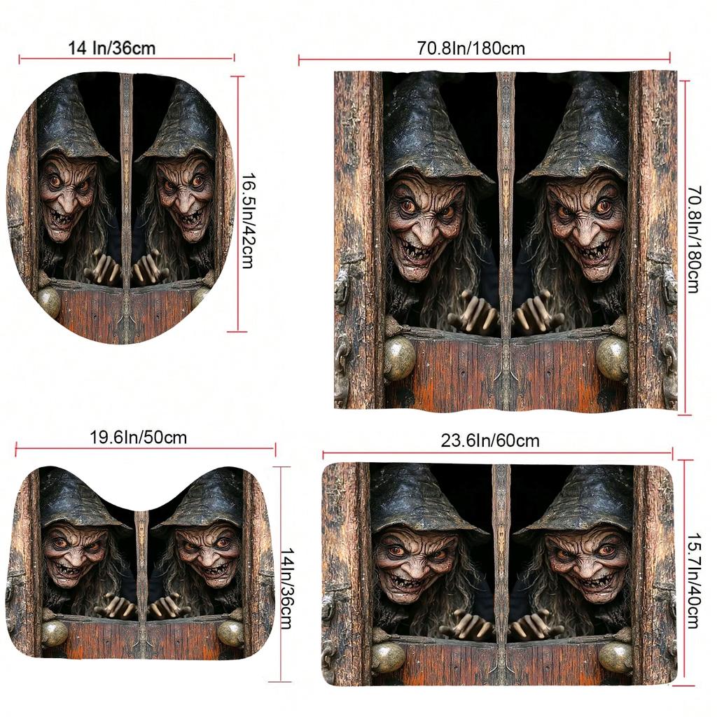 Gruseliger Halloween-Duschvorhang mit Hexenmotiv, wasserdicht, rutschfest, inklusive WC-Vorleger und 12 Haken, Heimdekoration