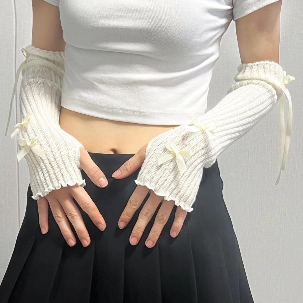 Bowknot Arm Warmers Solid Color Knitted Gloves Fashion Arm Sleeves Female