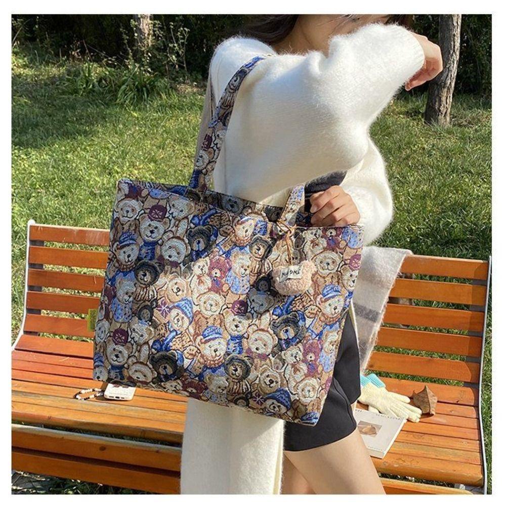 New Portable Handbag Cartoon Bear Pattern Large Capacity Shoulder Bag Casual Tote Bag Handbag Student Shoulder Bag