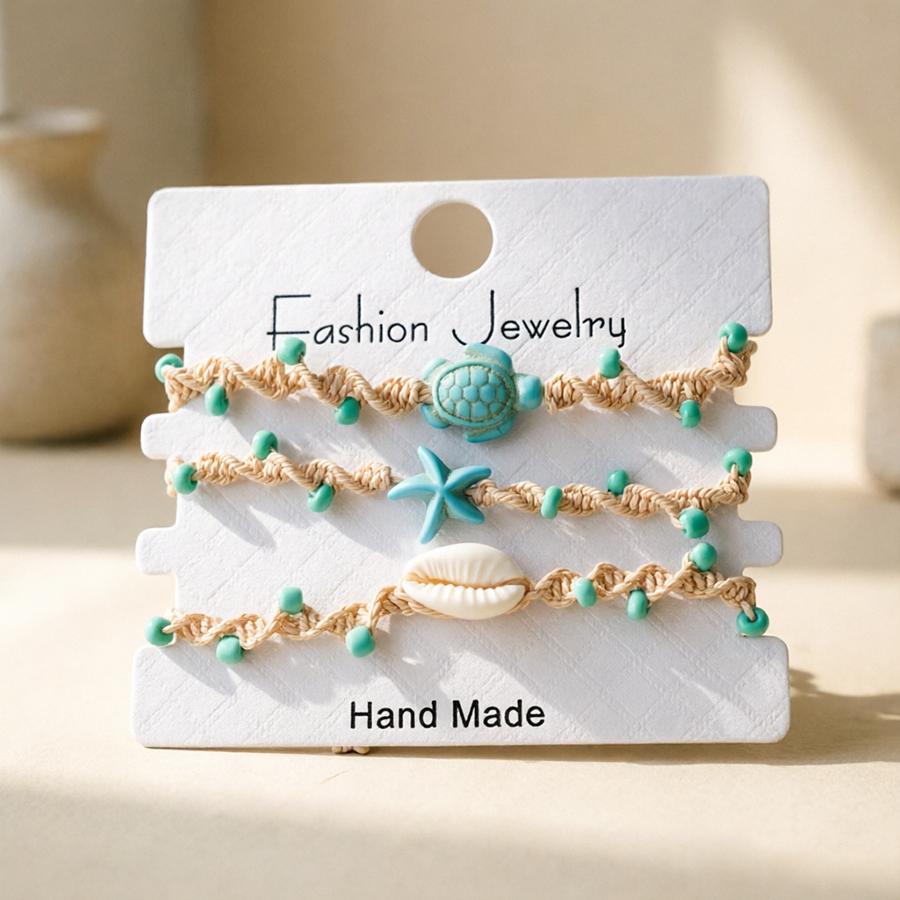 Noter 3Pcs Ladies Sea Creature Charm Bracelet Set Handmade Braided Starfish Shell Turtle Braslet Summer Beach Vacation Jewelry