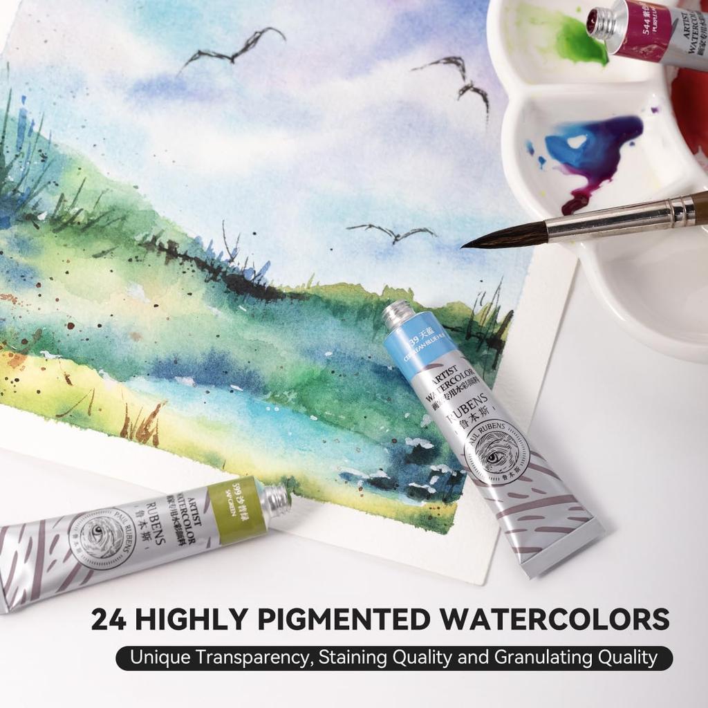 Paul Rubens Watercolor Paint Set, 24 Vibrant Colors, 12ml/0.4 Fl Oz Tubes, Great Value, Watercolor Art Supplies for Adults, Artists, Beginners, and Ac