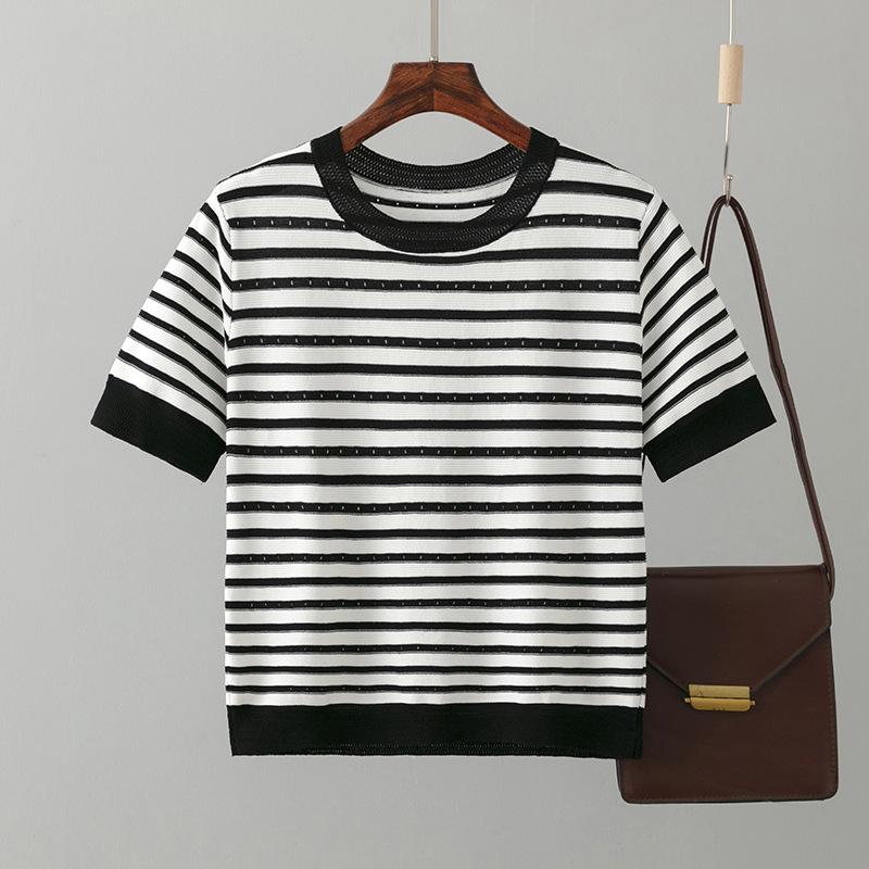 Women Round Neck Streak Short Sleeve Loose T-shirt Summer Trendy Style Comfortable Casual T-shirt Knitted Ice Silk T-shirt