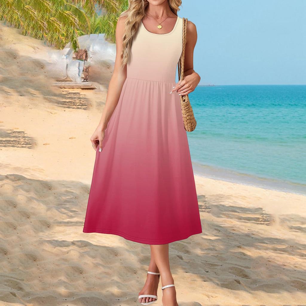 Fashionable women's summer dress with gradient print, elegant casual wear, beach vacation sun skirt with pocket