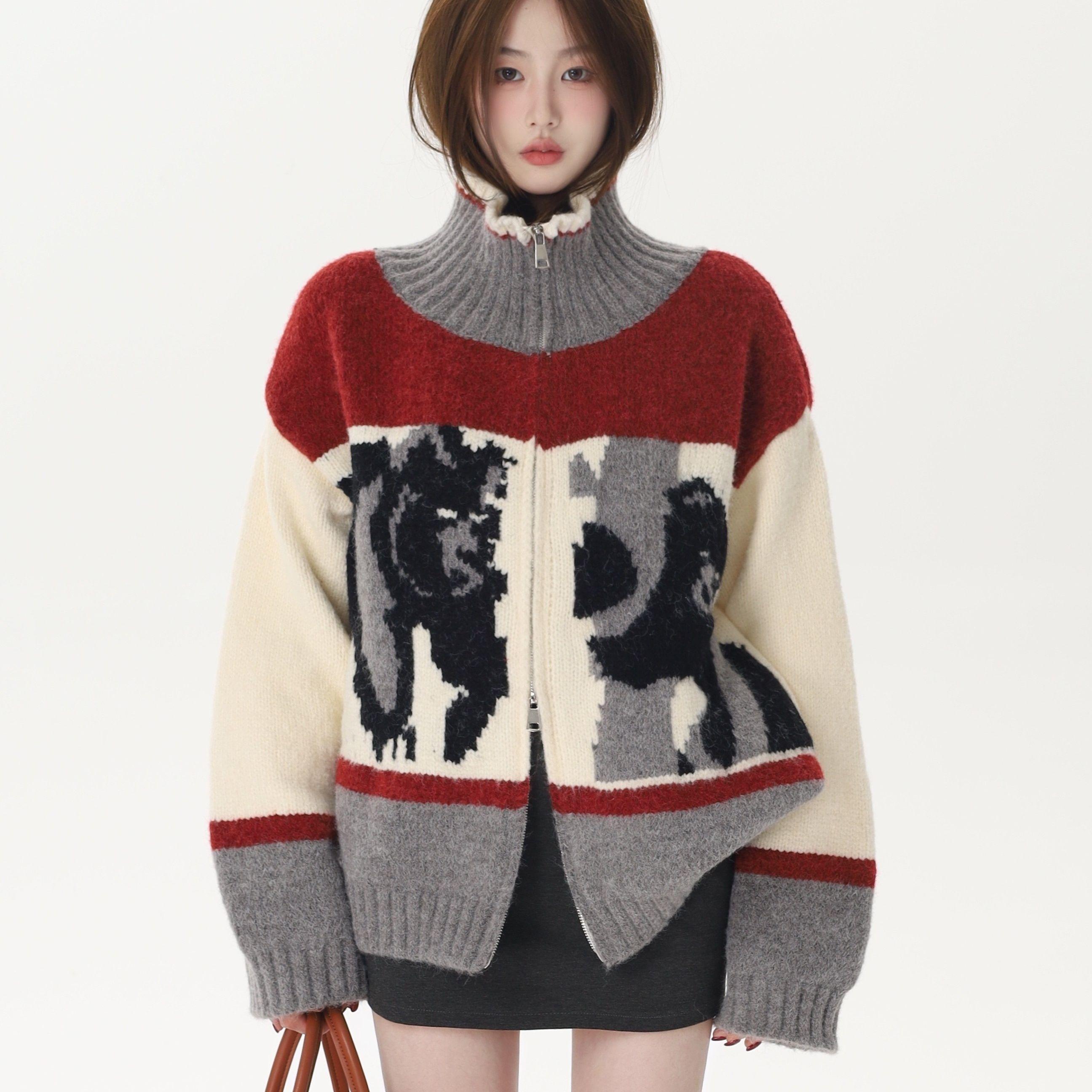 

Джемпер-кардиган на молнии с высоким воротником и медведем, женская осенне-зимняя свободная повседневная куртка XL