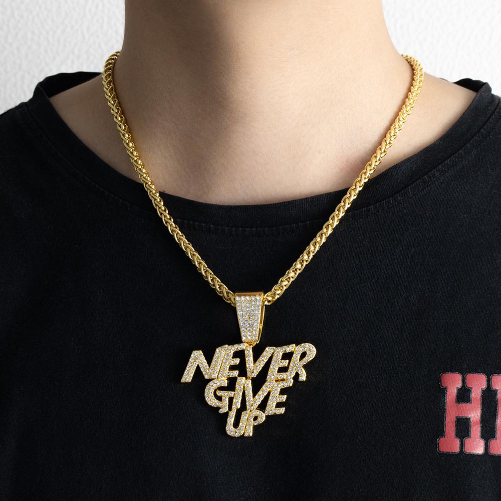 New Men Hip Hop NEVER GIVE UP Pendant Necklace Crystal Cuban Chain HipHop Iced Out Bling Necklaces Fashion Charm Women Jewelry