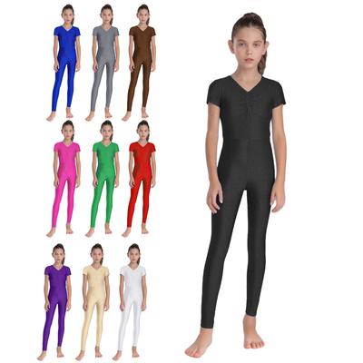 Tuta da ginnastica intera per bambini, con ruches sul davanti, scollo a V, manica corta, cerniera nascosta sul retro, per Danza, Ginnastica, Pattinaggio artistico