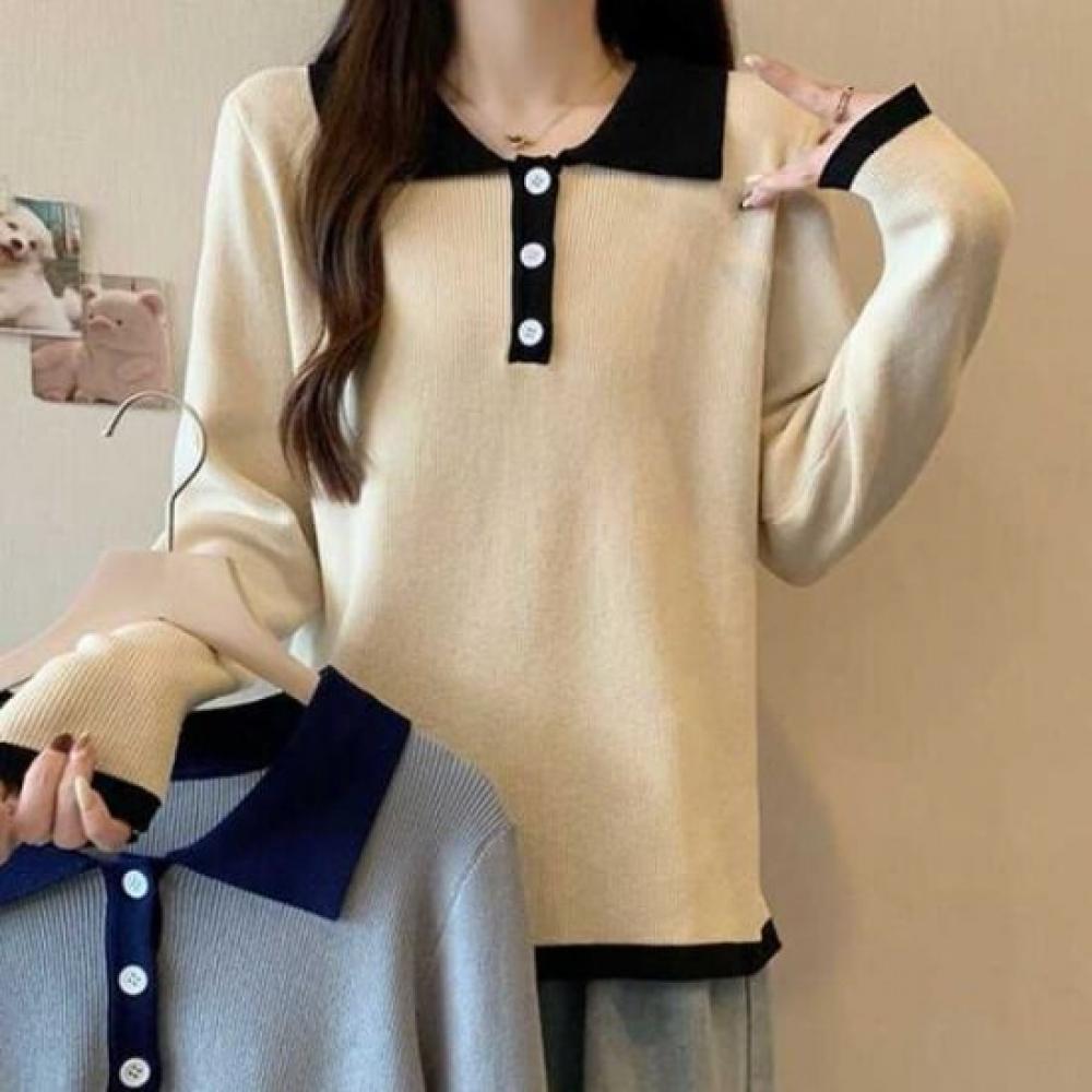 Navava Casual Long Sleeve Collar Knit Tee Nk2423