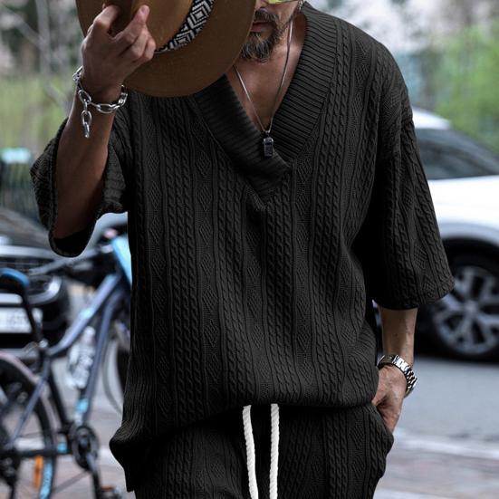 Men T-shirt V-Neck Short Sleeve Twist Jacquard Texture Tee Shirt Solid Color Loose Fit Summer Knitting Tops