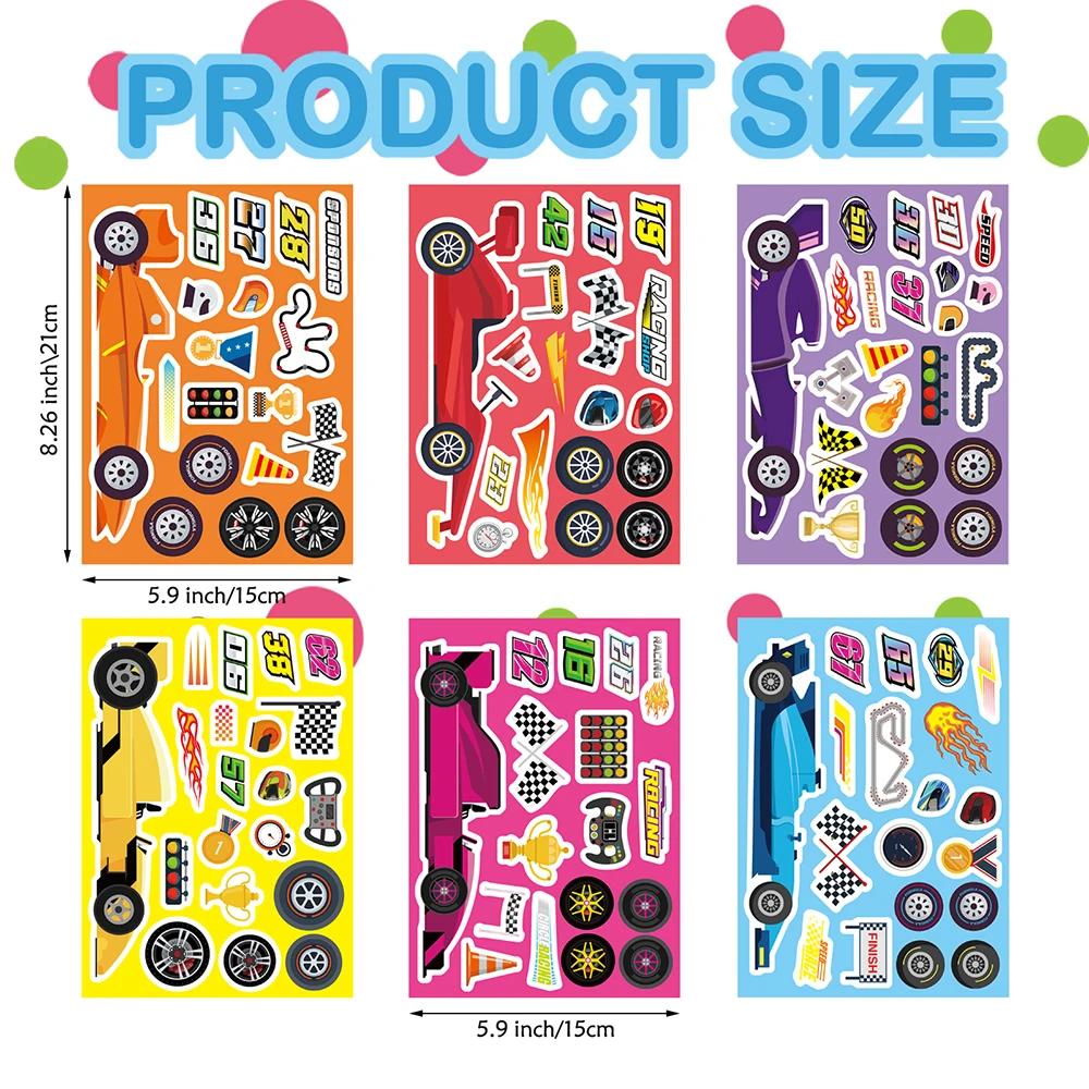 6/12Sheets Cool Race Car Make a Face Puzzle Stickers Cartoon Decal Kids Funny Jigsaw Educational Toys Party DIY Games Boys Gifts