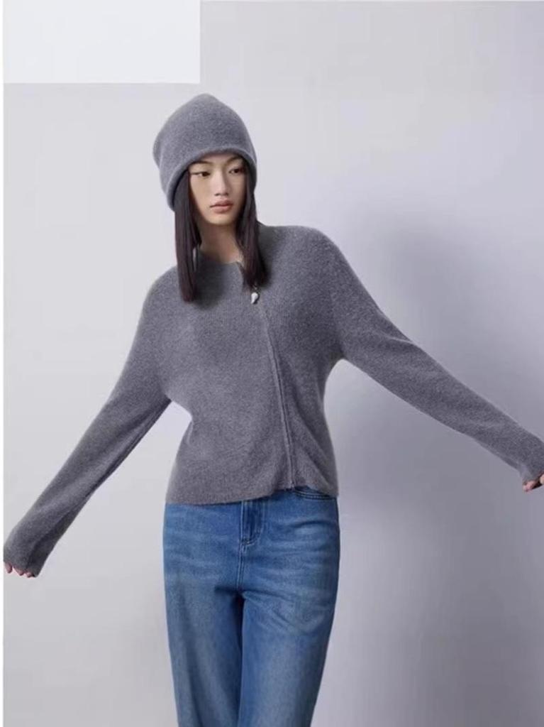 Women's Grey 100% Pure Wool Round Neck Cardigan with Pearl Zipper