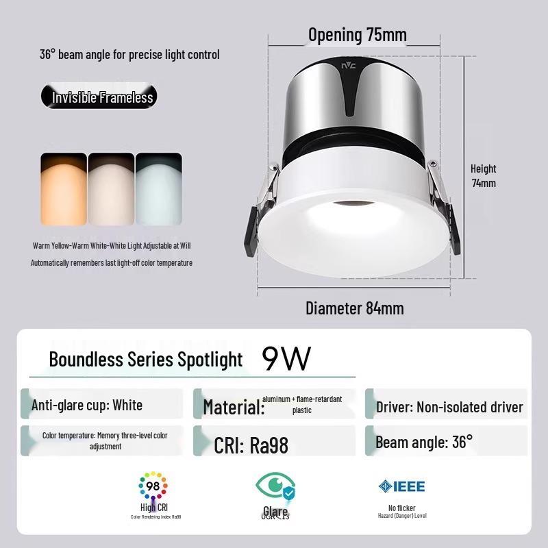 NVC Lighting Frameless LED Spotlight - Anti-Glare, Full Spectrum, Wall Washer, Recessed for Living Room